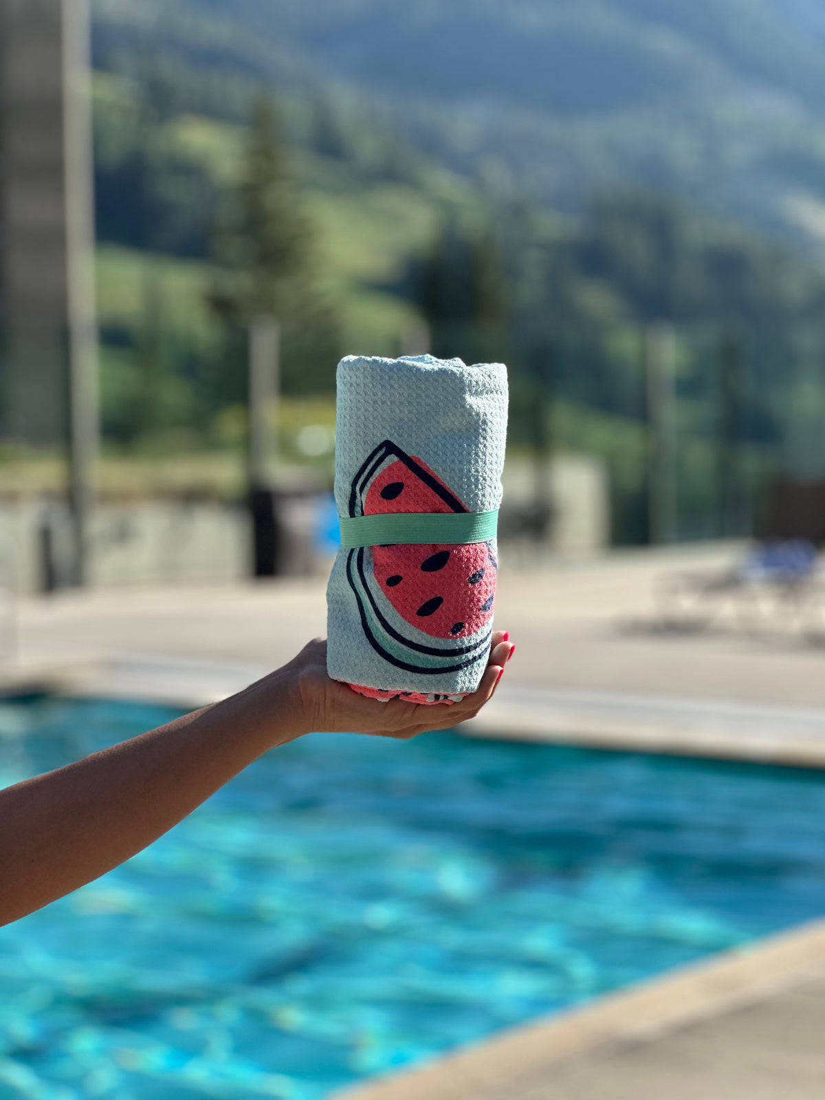 Watermelon Seeds Pool Towel: Reversible, rolled with elastic band by the pool
