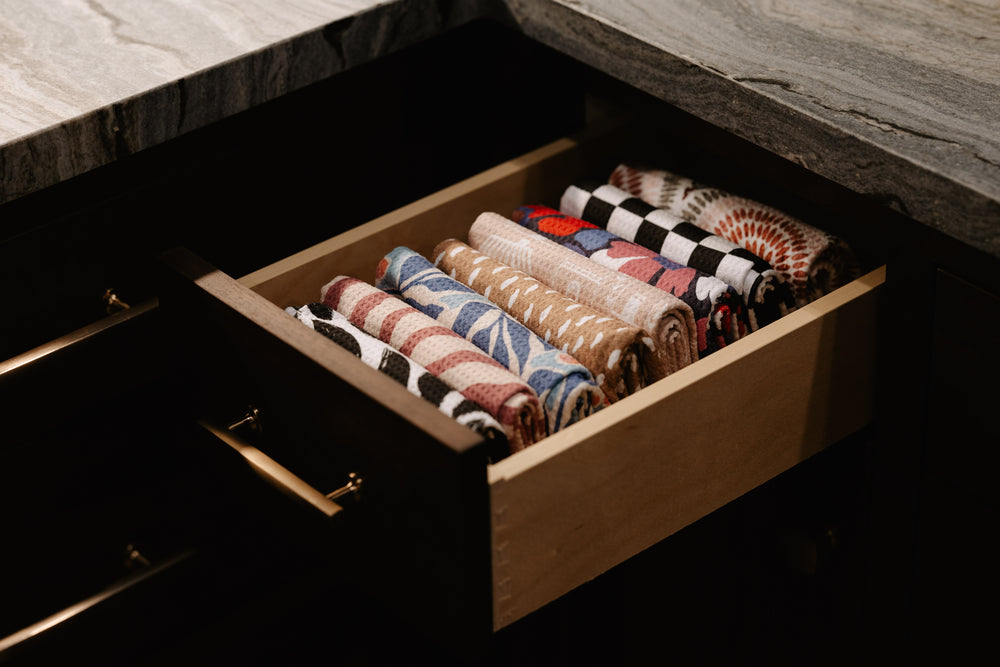 Rolled Tidy Towel kitchen towels in a kitchen drawer