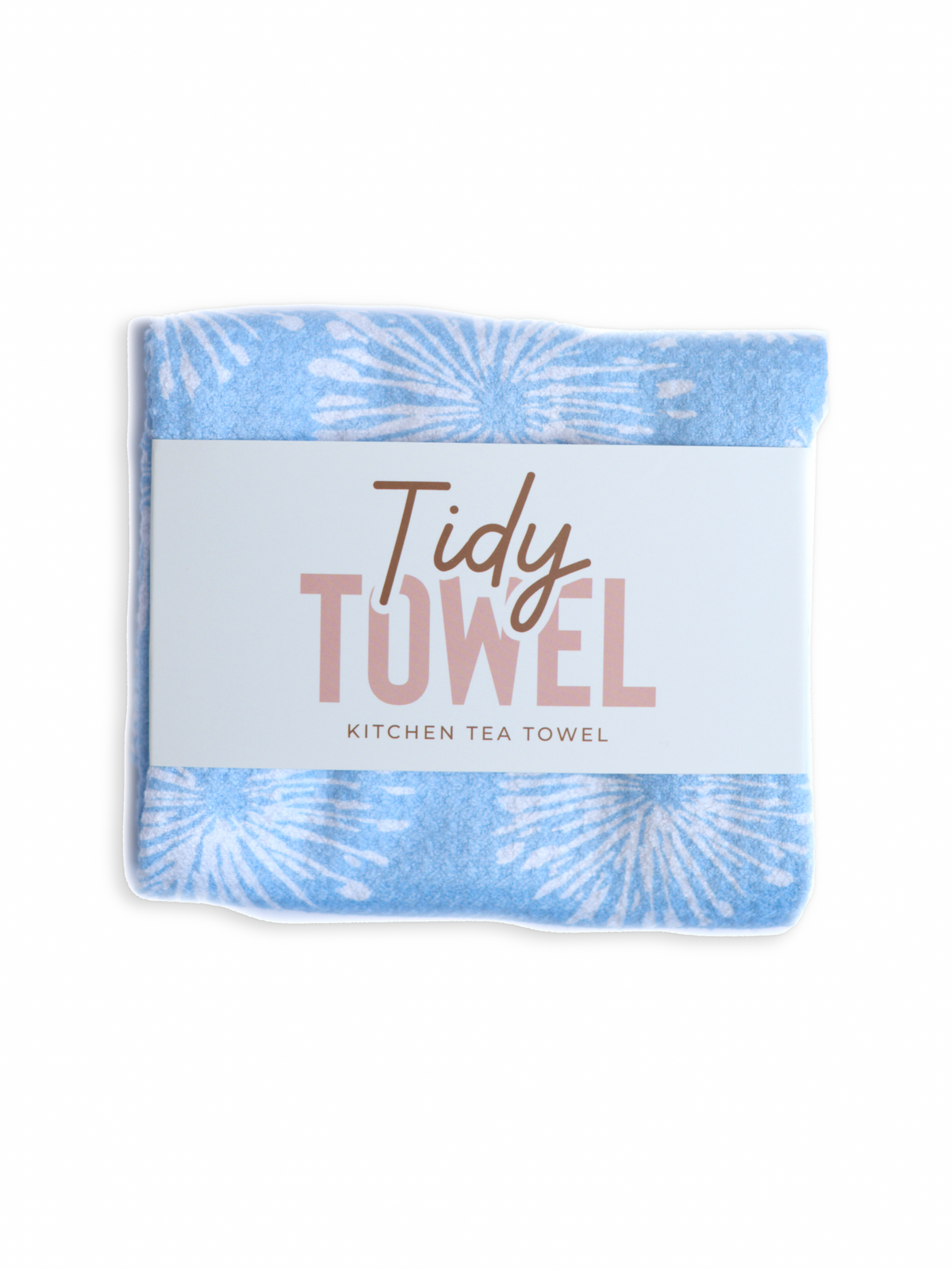 Bloom kitchen tea towel, folded in its Tidy Towel band