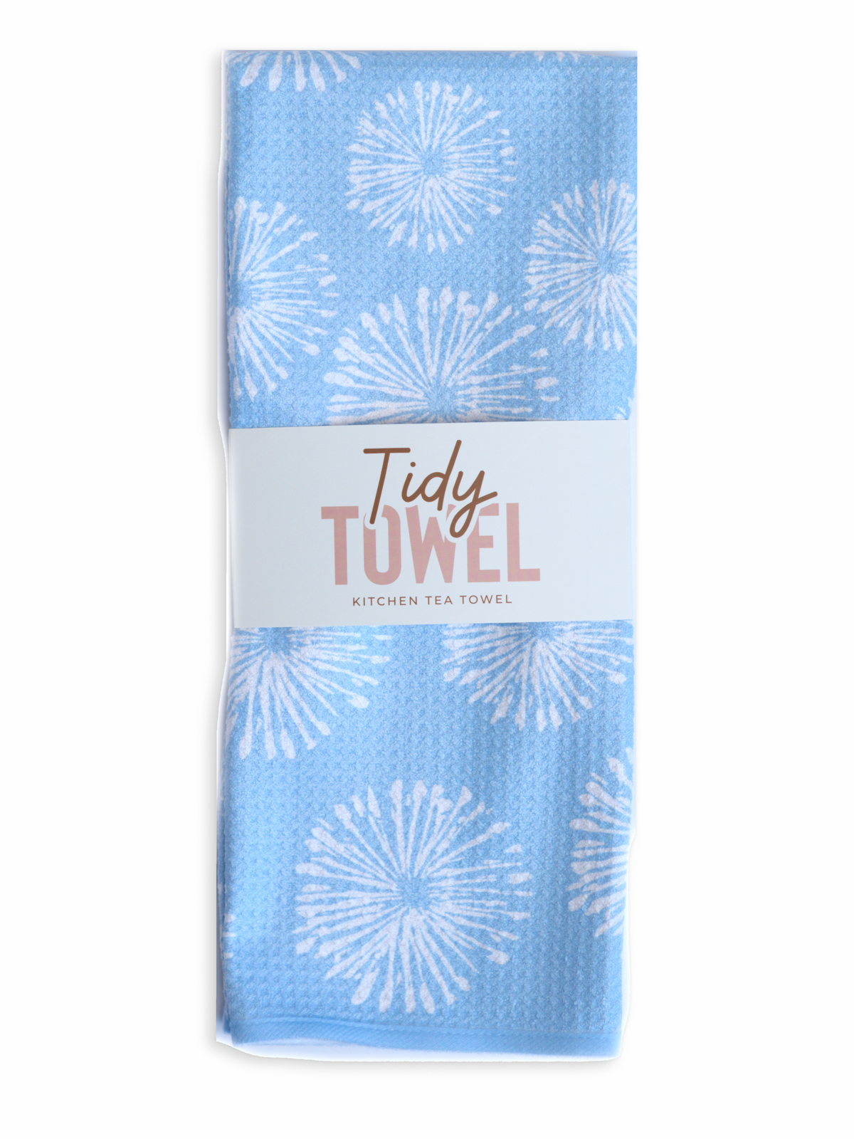 Bloom kitchen tea towel, folded lengthwise in its Tidy Towel band