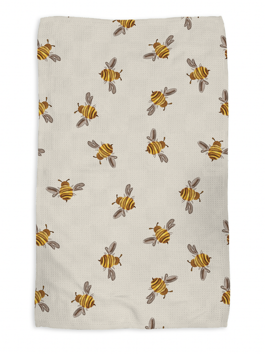 Bumble Bees kitchen tea towel, flat lay