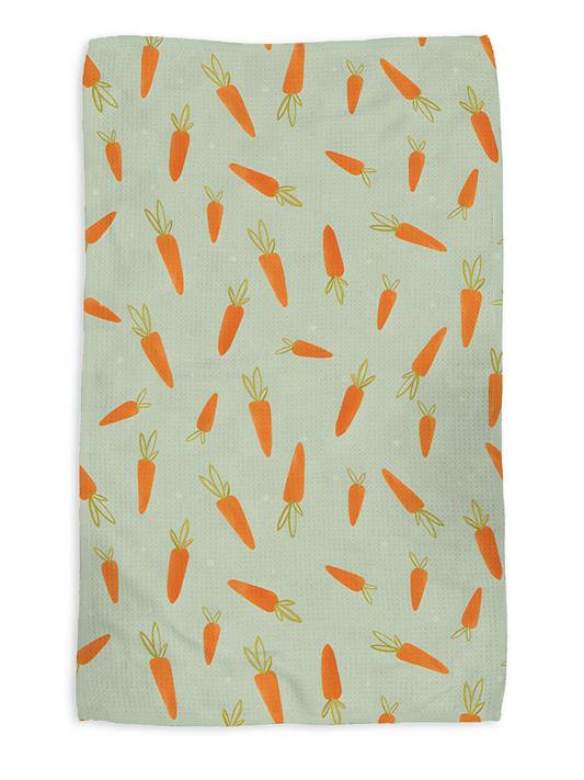 Carrot Patch kitchen tea towel, flat lay