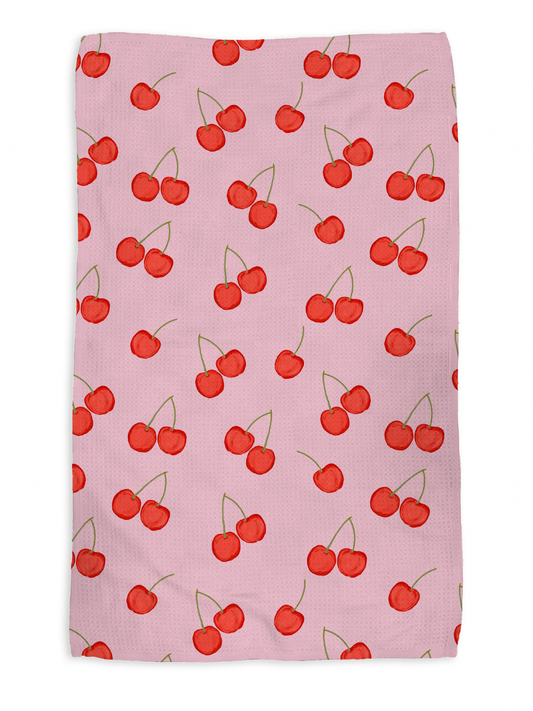 Cherry Blossom kitchen tea towel, flat lay
