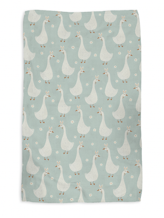 Funny Bunny kitchen tea towel, flat lay