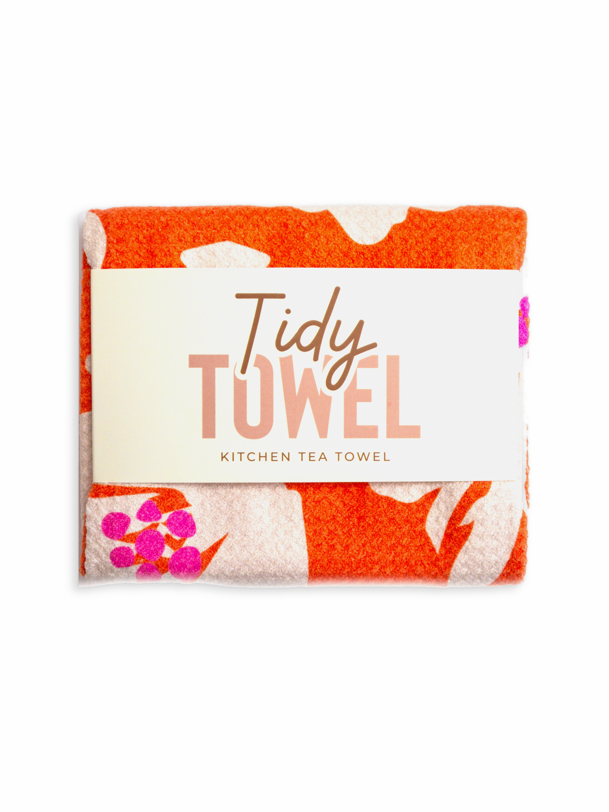 Orange Blossom kitchen tea towel, folded in its Tidy Towel band