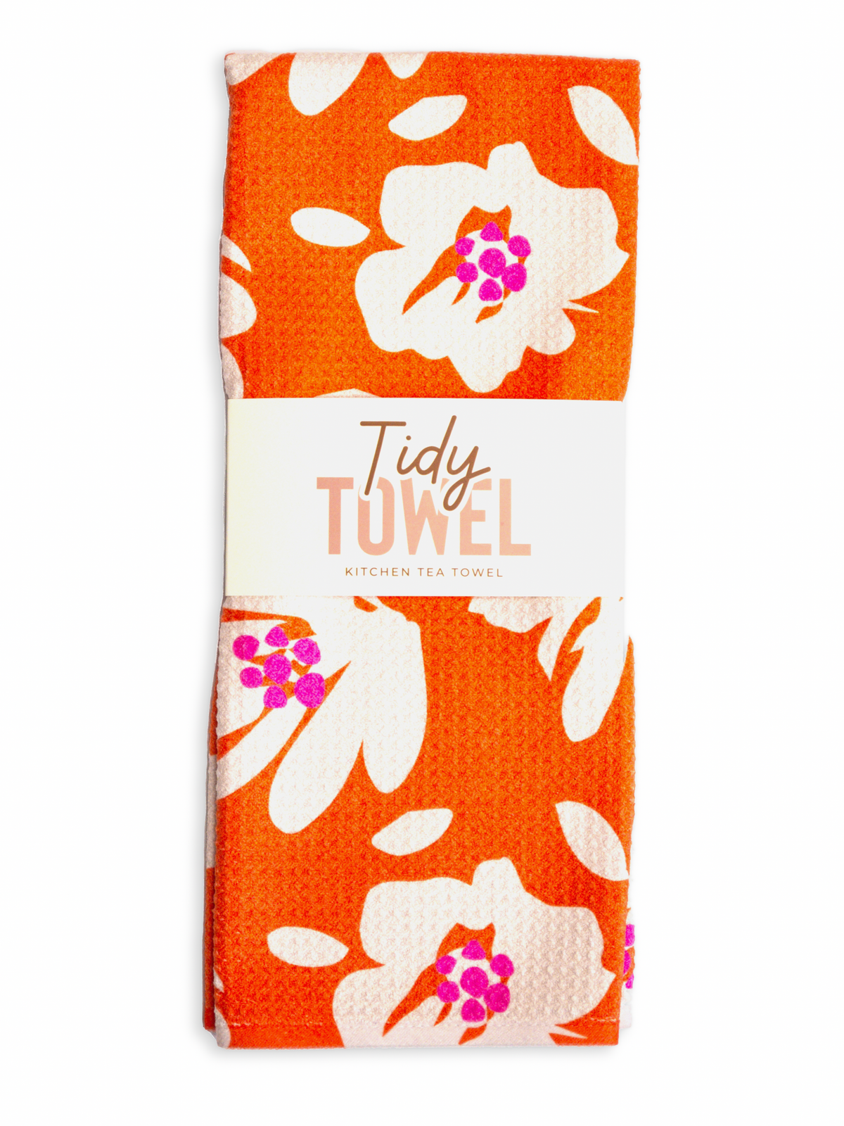 Orange Blossom kitchen tea towel, folded lengthwise in its Tidy Towel band