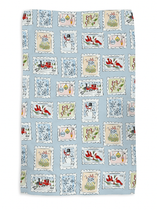 Merry Mail kitchen tea towel, flat lay
