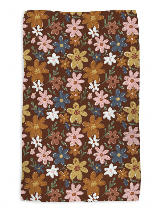 Autumn Floral kitchen tea towel, flat lay